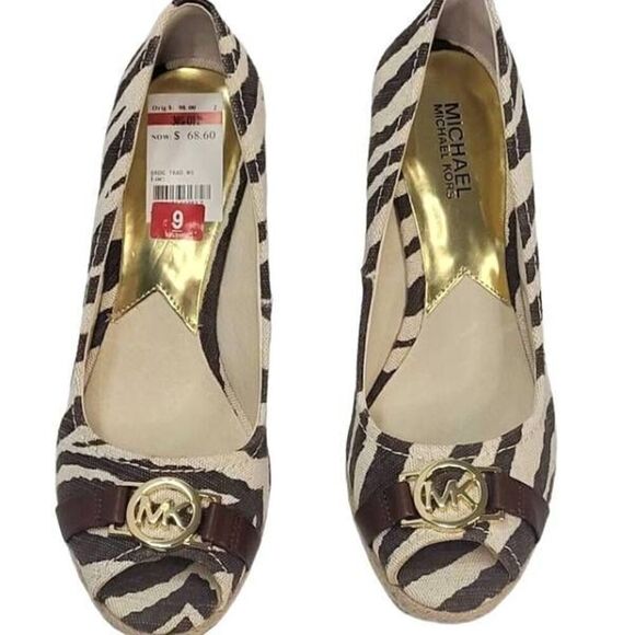 Michael Kors Brown Tan Tiger Print Espadrille Peep Toe Wedges Size 9M New In Box - Picture 1 of 12